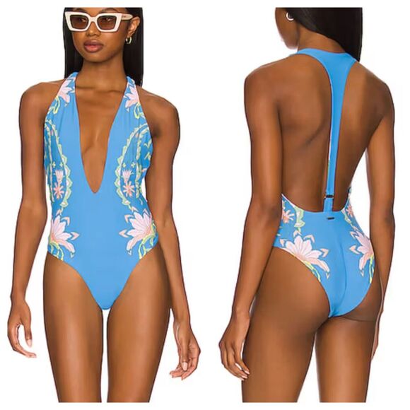 NEW Maaji Tiki One-Piece Swimsuit Blue Floral Halter Neck Deep Plunge Neck M - Picture 1 of 9